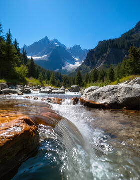 Mountain River with Rushing Waters and Rocks Against a Background of High Peaks