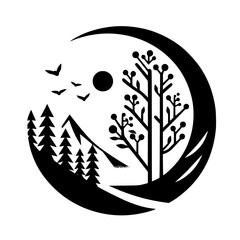 Minimalist Nature Scene: Silhouette Landscape in a Circle