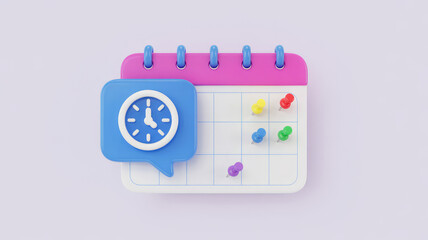 Digital Agenda: An evocative 3D rendering of a calendar with pushpins, paired with a clock-in-speech bubble, symbolizing appointments and scheduling