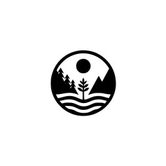 Minimalist Nature Icon: Mountains, Trees, and Water in Circle