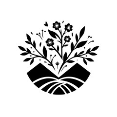 Minimalist Floral Logo with Mountain Landscape - Black & White