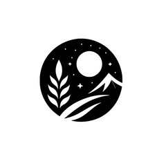Minimalist Circle Logo: Night Mountain Landscape, Stars, and Foliage