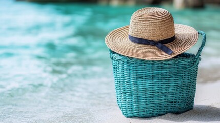 A blue beach bag sits on the sand with a straw hat on top, and the ocean behind