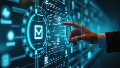 Hand interacts with workflow automation system on digital screen. Automated document management minimizes manual tasks. Modern tech solution for efficiency process, optimizing productivity,