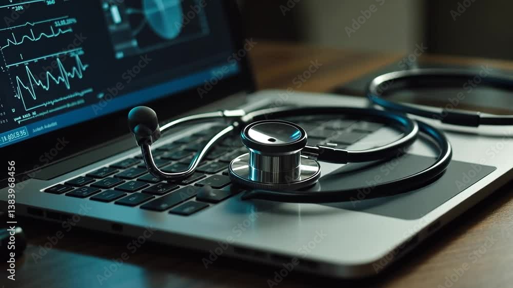 Aufkleber stethoscope resting on laptop keyboard in a medical workspace generative ai
