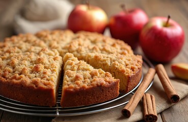 Delicious apple crumble cake with cinnamon sticks. Baked apple pie on metal grid. Fresh fruit, baked pastry dessert. Homemade breakfast, sweet snack, tasty food. Beautiful bakery concept.