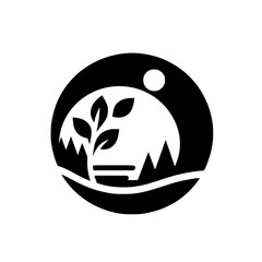 Minimalist Nature Circle Logo: Tree, Mountains, & Sun in Black & White