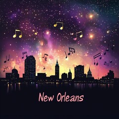 City of New Orleans night time skyline postcard style vector illustration	
