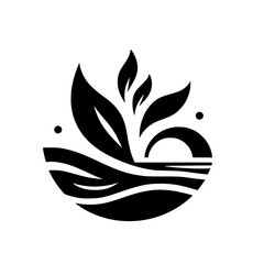 Minimalist Nature Logo: Leaves, Sun, Waves, Black & White