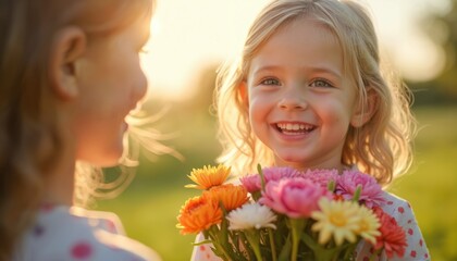 Joyful child holds flowers, smiles in sunlit garden. Happy girl with bouquet celebrates summer day. Bokeh effect blurs background. Positive mood, happiness, fun, carefree childhood concept.