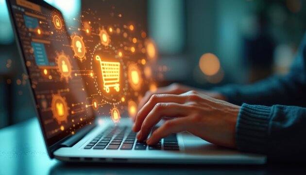 Hands typing on laptop. Online retail business omni channel tech and multichannel marketing offer internet payment options. Digital online retail shopping. Secure online shopping.