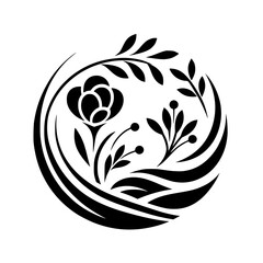 Black & White Floral Illustration in Circular Frame