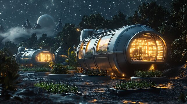 Sci fi inspired space capsule moon base house with sleek metallic exteriors glowing LED panels futuristic hydroponic gardens and an awe inspiring extraterrestrial backdrop
