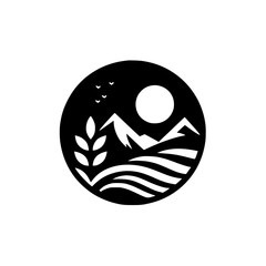 Minimalist Landscape Logo: Mountains, Sun, Wheat in a Circle, Black & White