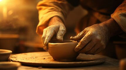 Hands Shaping Clay on Pottery Wheel in Warm Artisan Workshop Light