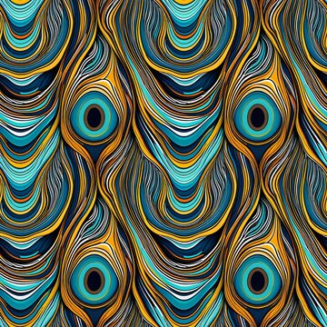A blue and yellow peacock feather pattern on a black background.