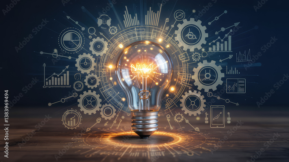 Poster illuminating innovation: a glowing light bulb at the center of intricate gear and data visualization