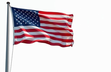 Fototapeta premium American flag waving in wind against white background. Symbol of United States of America. Stars, stripes, national holiday concept. Symbol of freedom patriotism. Independence day celebration,
