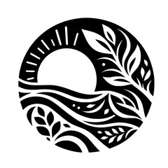 Abstract Circle Art: Sun, Waves, and Foliage, Black and White