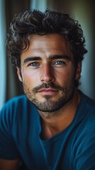 Obraz premium Person with Curly Hair in Blue Shirt Sitting Indoors with Soft Natural Lighting