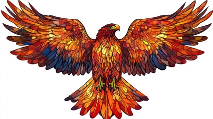 Obraz premium Fiery eagle soaring, wings spread wide, white background, freedom concept