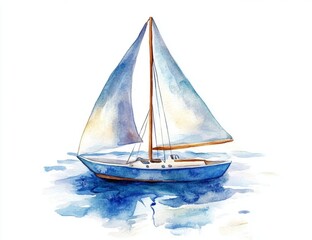 Fototapeta premium A watercolor illustration of a blue and white sailboat on blue water.