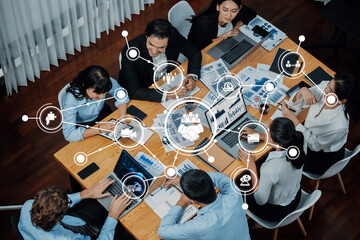 A dynamic business meeting in a modern office setting, showcasing a diverse group of professionals...