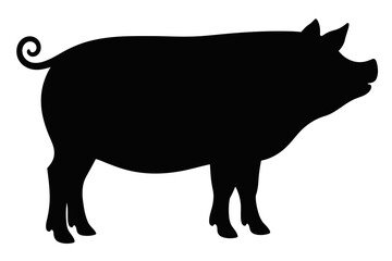Fototapeta premium Black silhouette of pig, simple elegant profile. Distinctive curly tail and characteristic shape. Clean design ideal for farm themes, food production, agricultural contexts. 