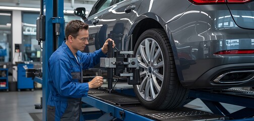 A garage service person in a blue uniform suit maintaining and repairing the wheel of a modern luxury vehicle on a stand for a hoist uses an advanced wheel alignment machine elegant modern auto repair