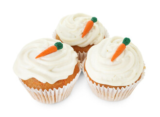 Delicious carrot cupcakes isolated on white. Yummy dessert