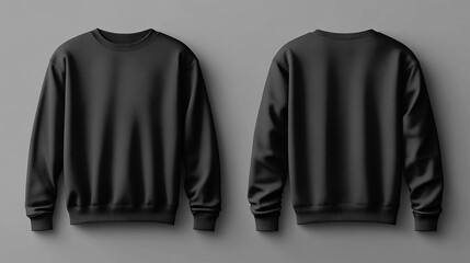 A mockup of a black sweatshirt template, showcasing both front and back views. The long-sleeve cotton sweater is isolated on a white background, emphasizing a modern, minimalist design.


