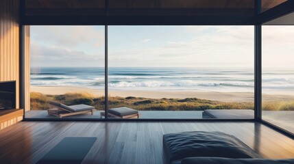 Fototapeta premium A beach house with large windows, looking out over a wide expanse of ocean with waves crashing on the shore 