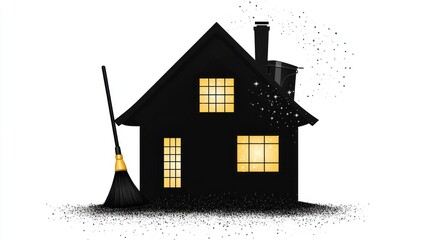 Nighttime house cleaning, broom, dust, magical sparkle