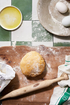 Top view of homemade pasta and pastry making essentials