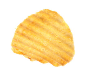 One tasty ridged potato chip in air isolated on white