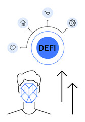 Human face overlayed with digital biometric lines, circular DeFi network with home, cart, gear, heart icons, upward arrows. Ideal for blockchain, DeFi, biometrics technology innovation security