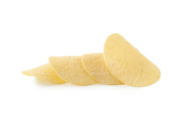 Many tasty potato chips isolated on white
