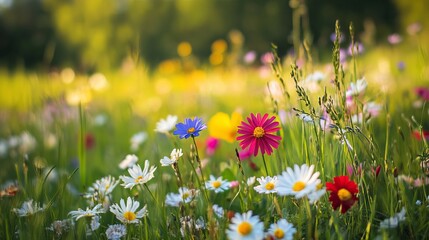 Fototapeta premium Vibrant Wildflower Meadow Summer Bloom Colorful Flowers Nature Photography Beautiful Springtime Floral Field Lush Green Grassland Idyllic Pastoral 
