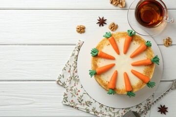 Delicious homemade carrot cake served on white wooden table, flat lay. Space for text