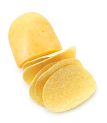 Tasty chips and sliced raw potato isolated on white, top view