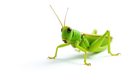 A vibrant green grasshopper isolated on pure white, white, close-up, grasshopper