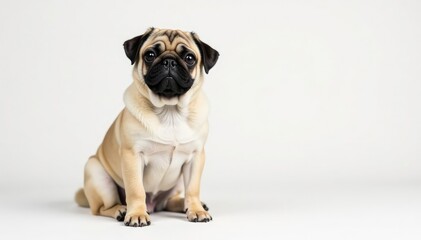 Obraz premium Adorable pug dog sits alone against white background , studio photography, small dog