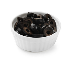 Marinated black olive rings in bowl isolated on white