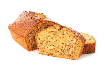 Cut homemade carrot cake with nuts isolated on white
