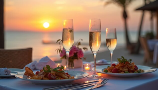 Romantic beach dinner for two with champagne glasses at sunset. Table set with gourmet food in restaurant, scenic sea view. Tropical vacation, date night on summer holiday. Celebrate marriage