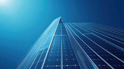 Skyscraper solar panels, blue sky, sustainable energy