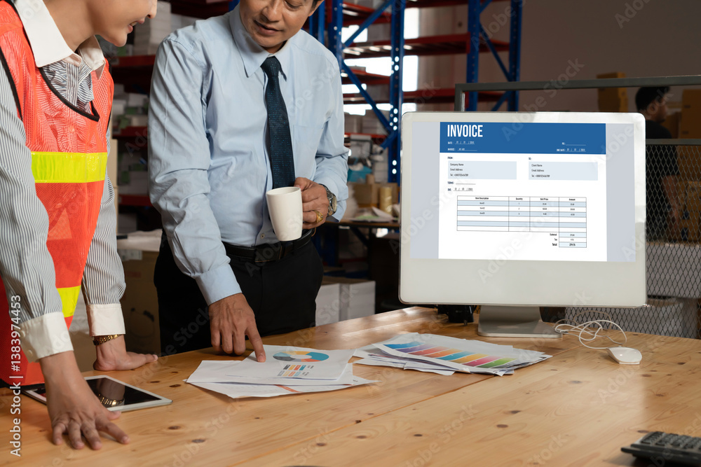 Poster invoice on computer screen from accounting application. computer program for financial and budget of