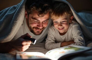 Happy father son read bedtime story under blanket, using flashlight. Family time, love, care, cosiness in evening at home. Father Day concept. Bonding childhood.