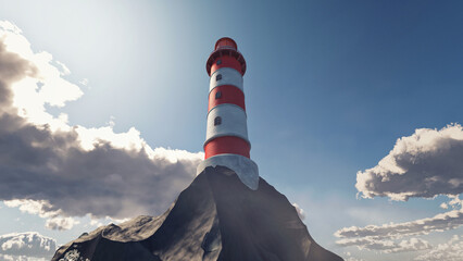 Lighthouse on a rock at sunny day in the ocean. 3d Rendering
