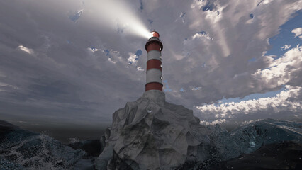 Lighthouse on a rock at stormy ocean at night. 3d Rendering